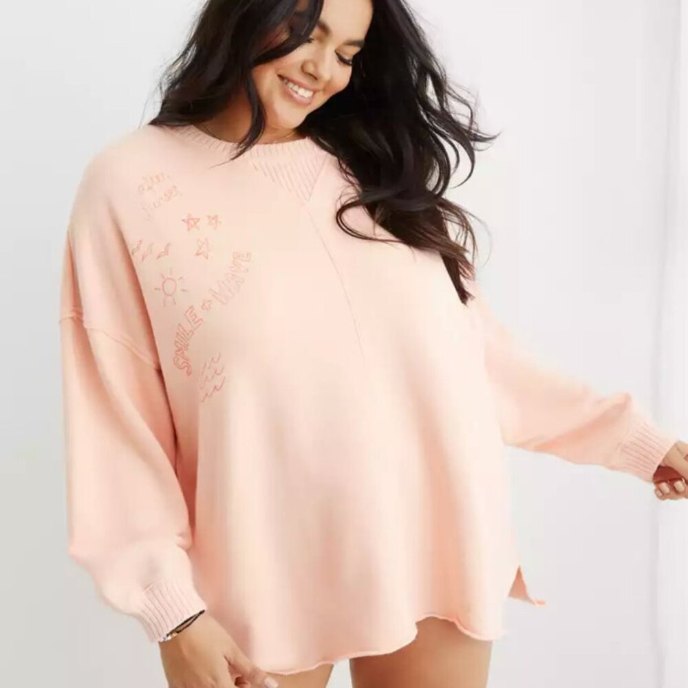 Aerie Oversized After Sunset Smile+Wave Crewneck Sweatshirt in Peach NWT! - Picture 2 of 4